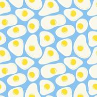 Fried eggs motifs on light blue background seamless pattern. Cute funny breakfast menu template. Abstract simple scrambled eggs diggerent white shapes. Circle yellow yolks vector illustration