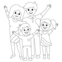 Coloring for children. Happy family mom, dad, son, daughter stand together hands up. Smiling adult and children. Family time holiday party birthday line vector illustration