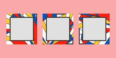 Abstract colorfull square photo frames. Neoplasticism, Bauhaus, Mondrian style borders for picture. Red yellow blue colors simple shapes decor. Home interior, memories vector illustration