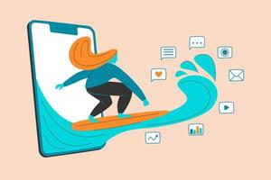 Girl surfing through internet. Big wave from mobile phone. Multitasking woman online concept. Businesswoman maneuvers in modern business world. Self discipline information space. Vector illustration.