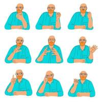 Male expert or blogger set. Handsome bearded man in glasses with different expressions and gestures. Flat character for presentation, product card, advertising, plot vector illustration