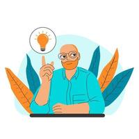 Innovation, creative solution plan strategy business idea or insight concept. Smiling smart bearded guy in glasses points on light lamp bulb above as brilliant thinking metaphor vector illustration