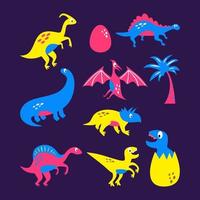 diez lindos dinosaurios en elementos de huevo aislados en fondo púrpura. vector