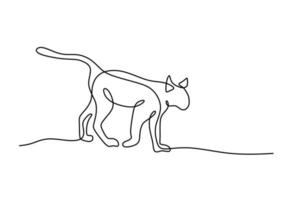 One continuous single line of walking cat on white background. vector
