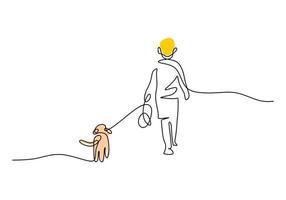 One continuous single line of man walk with dog on white background. vector