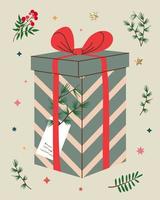 Christmas gift in kraft paper with tag and branches. Present box in craft wrapping paper with bow and branches. Colored flat vector illustration isolated on background.