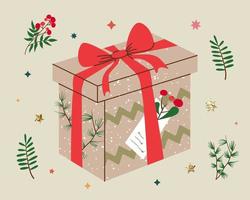 Christmas gift in kraft paper with tag and branches. Present box in craft wrapping paper with bow and branches. Colored flat vector illustration isolated on background.