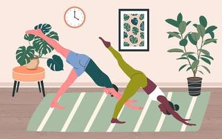 pareja haciendo yoga en casa. ilustración de vector de ejercicio de yoga. gente de estilo de dibujos animados haciendo yoga, pose de asana, entrenamiento en casa. hacer ejercicio juntos. fondo interior.
