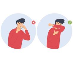 flat design the right way to cough and sneeze. coughing covered mouth by arm vector