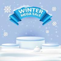 Winter special sale unit with product podium and snowflakes and snow background vector