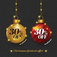 Christmas festival offer units. Offer written on hanging decorative gold and red baubles vector