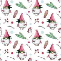 Watercolor seamless Christmas pattern with gnomes, fir trees, cones, berries and holly. png