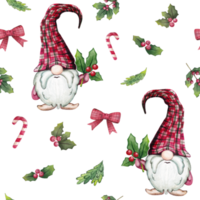 Watercolor seamless christmas pattern with gnomes, fir trees, candy canes and holly. png