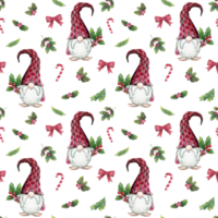 Watercolor seamless christmas pattern with gnomes, fir trees, candy canes and holly. png