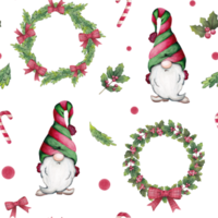 Watercolor seamless christmas pattern with gnomes, fir trees, wreaths, fir branches, candies and holly. png