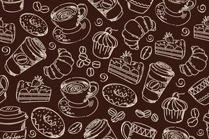 Seamless pattern with hand drown line art coffee beans, cups, sweet desserts in brown color. Seamless repeating pattern template. vector