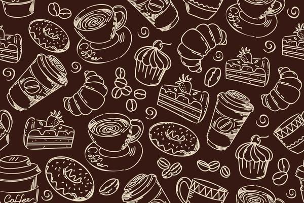 Seamless pattern with hand drown line art coffee beans, cups, sweet desserts in brown color. Seamless repeating pattern template.