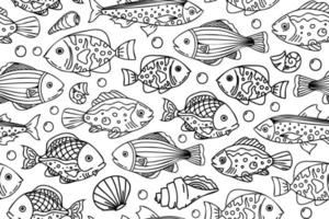 patrón sin costuras de pescado blanco y negro. repitiendo ilustraciones decorativas de peces con línea fina negra. vida submarina vector