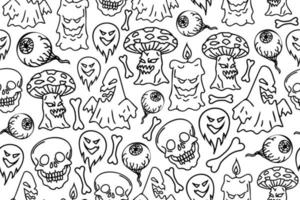 patrones sin fisuras de halloween. patrón repetitivo con contorno criaturas malvadas, fantasmas, hongos, cráneos, huesos. plantilla para la repetición sin fin. vector