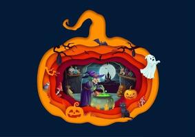 Halloween paper cut cartoon witch and magic potion vector