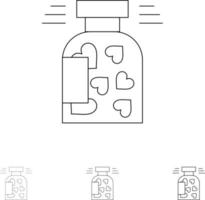 tarro botella galletas corazón san valentín audaz y delgada línea negra conjunto de iconos vector