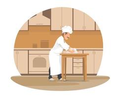 Baker chef baking bread at bakery cartoon icon vector
