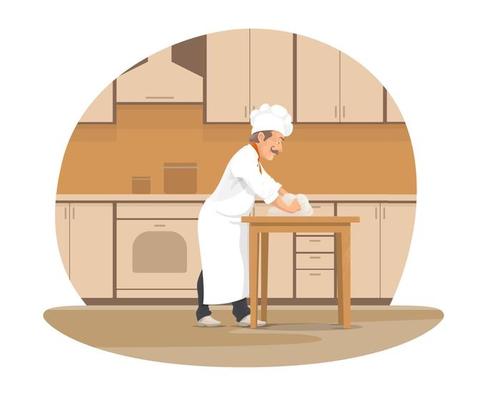 Baker chef baking bread at bakery cartoon icon