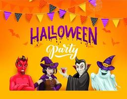banner de parte de halloween con personajes de dibujos animados vector