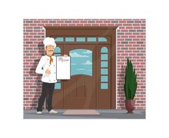 Vector chef man with menu inviting to restaurant