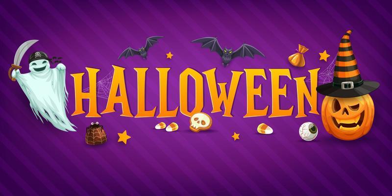 Halloween banner with sweets, ghost and pumpkin