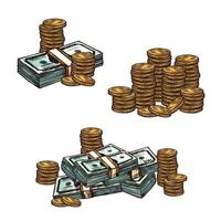 Money sketch with stack of paper currency and coin vector