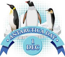 Antarctica day text with penguin vector