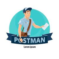 Postman with mailbag delivering letter icon vector