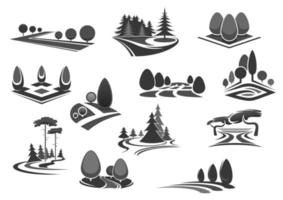 conjunto de iconos de paisaje natural con árboles y plantas vector