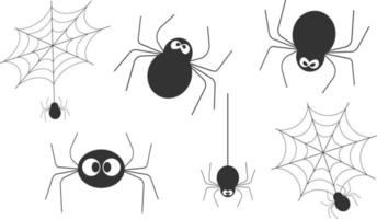 conjunto de arañas negras y telarañas para halloween con ojos y emociones vector