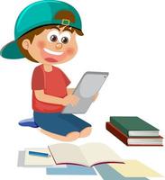 A boy using tablet for learning online vector