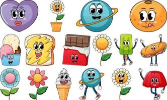 Set of objects and foods cartoon characters vector