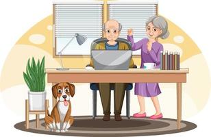 Senior couple using laptop at home vector