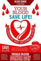 Blood donation banner with heart, drop and ribbon vector