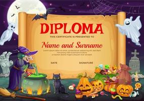 Halloween kids diploma with cartoon witch, candies vector