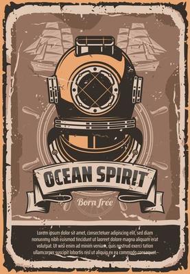 Nautical helmet retro banner for marine design