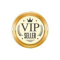 VIP seller golden badge, glossy metal round label vector