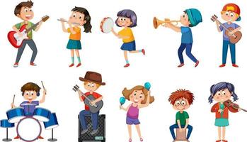 conjunto de diferentes niños tocando música vector