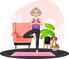 mujer mayor haciendo yoga vector