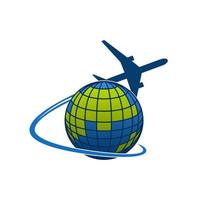 Vector icon of airplane jet over globe world