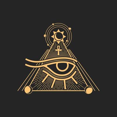 Horus eye and Egyptian pyramid, cross and sun sign