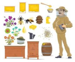 icono de abeja, panal, colmena y apicultor vector