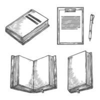 Book, notebook, pen and clipboard sketch design vector