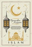 Ramadan retro grunge card with mosque and lantern vector