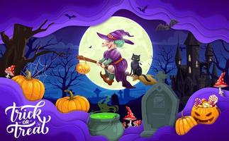 Halloween paper cut witch on cemetery landscape vector